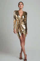 Load image into Gallery viewer, Sparkly Gold V Neck Ruched Short Sequin Cocktail Dress with Sleeves