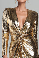Load image into Gallery viewer, Sparkly Gold V Neck Ruched Short Sequin Cocktail Dress with Sleeves