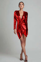 Load image into Gallery viewer, Sparkly Gold V Neck Ruched Short Sequin Cocktail Dress with Sleeves