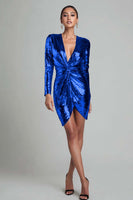 Load image into Gallery viewer, Sparkly Gold V Neck Ruched Short Sequin Cocktail Dress with Sleeves