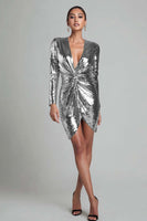 Load image into Gallery viewer, Sparkly Gold V Neck Ruched Short Sequin Cocktail Dress with Sleeves
