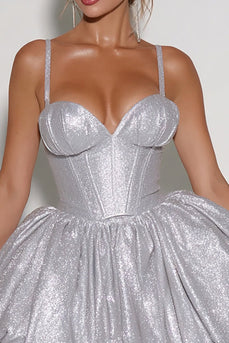 Sparkly Silver Spaghetti Straps Sequin Corset Short Cocktail Dress