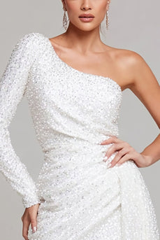 Sparkly White One Shoulder Sequin Bodycon Short Cocktail Dress with Side Cape