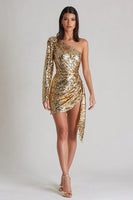 Load image into Gallery viewer, Sparkly Gold One Shoulder Mini Cocktail Dress with Sleeves