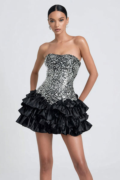 Sparkly Black and Grey Strapless Ruffled A Line Short Cocktail Dress