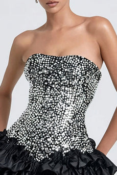 Sparkly Black and Grey Strapless Ruffled A Line Short Cocktail Dress