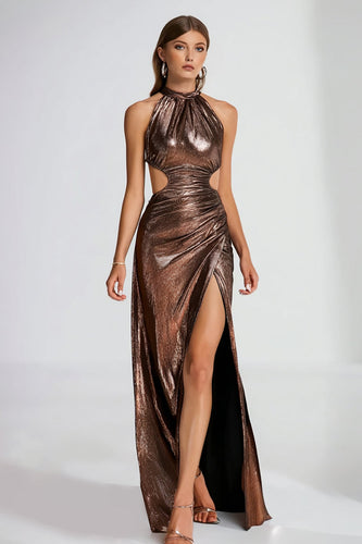 Sparkly Coffee Cut Out Halter Maxi Formal Dress with Slit