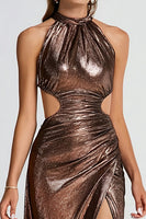 Load image into Gallery viewer, Sparkly Coffee Cut Out Halter Maxi Formal Dress with Slit