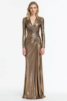 Load image into Gallery viewer, Sparkly Grey and Gold Sheath V Neck Maxi Formal Dress with Sleeves