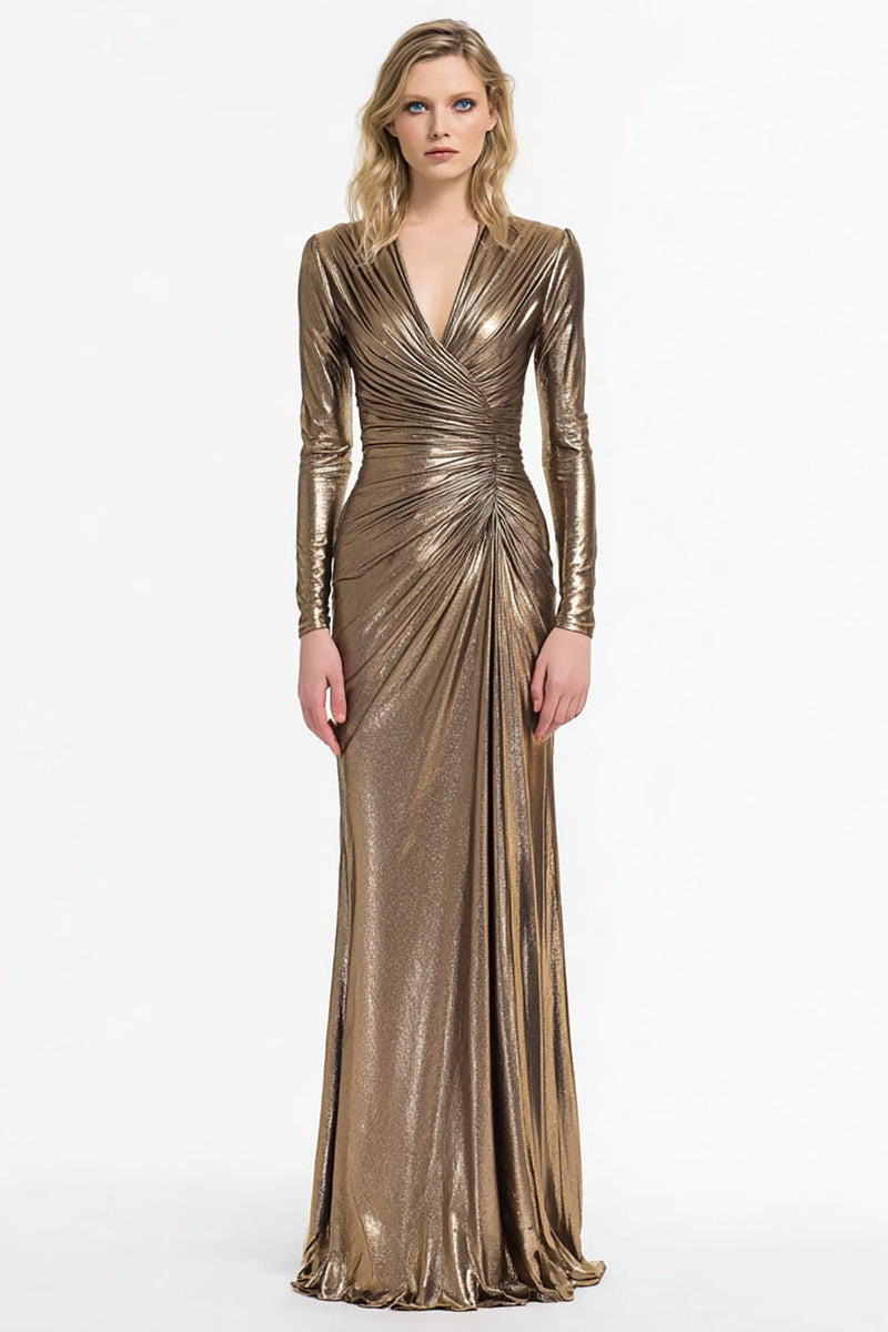 Load image into Gallery viewer, Sparkly Grey and Gold Sheath V Neck Maxi Formal Dress with Sleeves