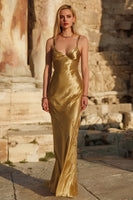 Load image into Gallery viewer, Gold Spaghetti Straps Mermaid Long Satin Formal Dress
