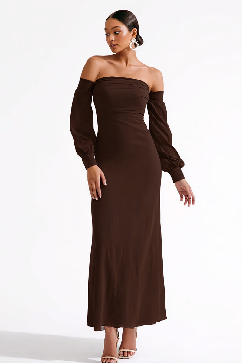 Queendancer Women Dark Brown Long Formal Dress with Sleeves Sheath