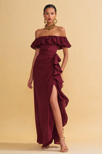 Burgundy Ruffled Off the Shoulder Sheath Long Formal Dress with Slit