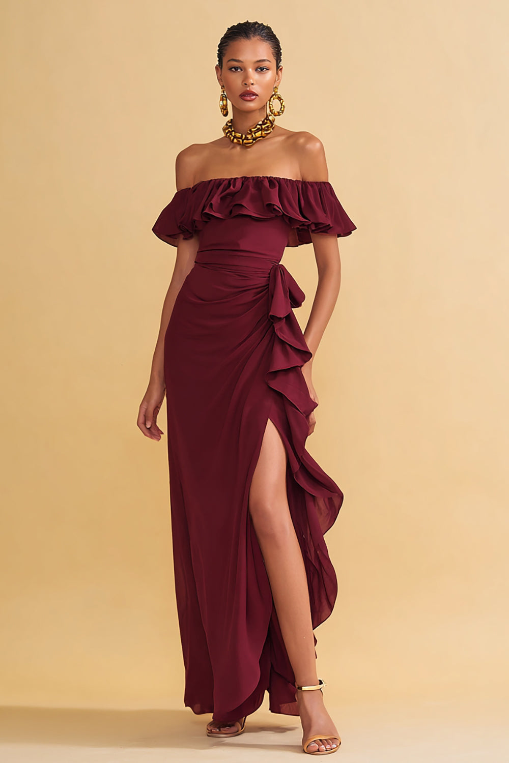 Burgundy Ruffled Off the Shoulder Sheath Long Formal Dress with Slit