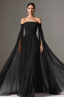 Load image into Gallery viewer, Burgundy Off the Shoulder Pleated Long Formal Dress with Cape