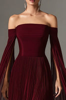 Load image into Gallery viewer, Burgundy Off the Shoulder Pleated Long Formal Dress with Cape