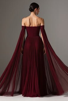 Burgundy Off the Shoulder Pleated Long Formal Dress with Cape
