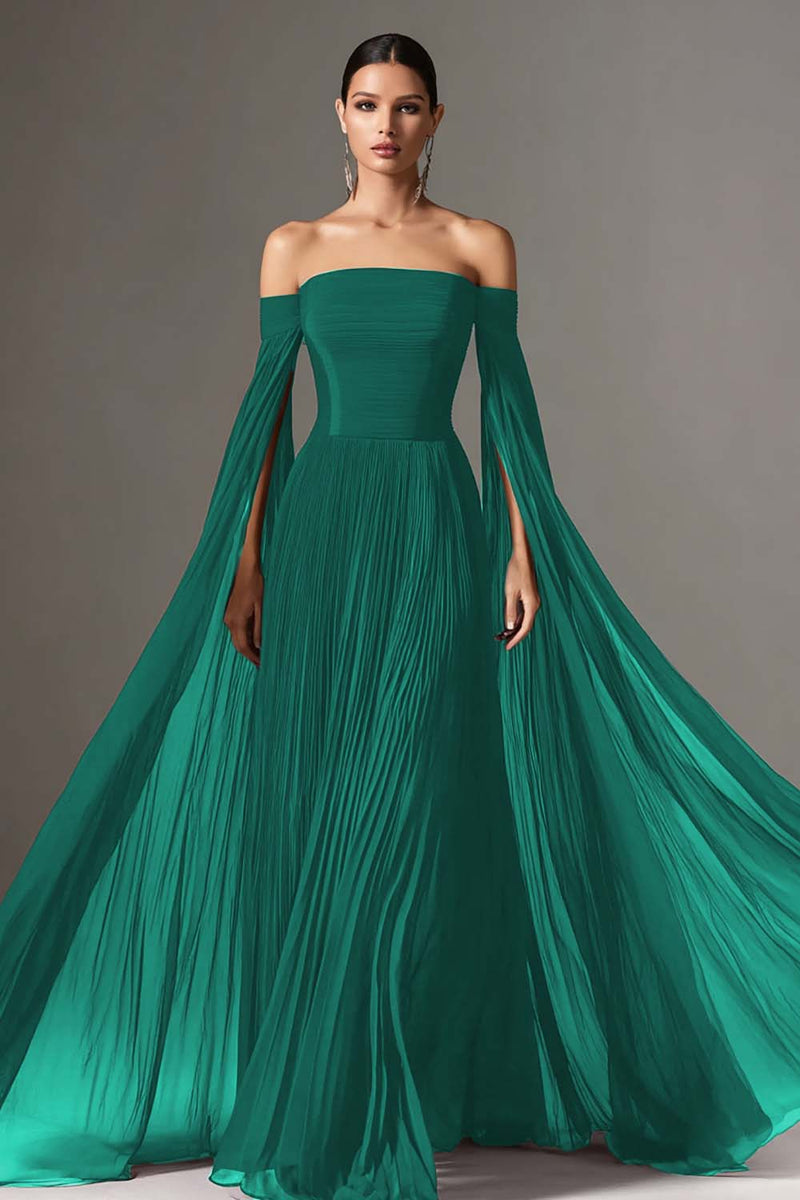 Load image into Gallery viewer, Burgundy Off the Shoulder Pleated Long Formal Dress with Cape