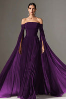 Load image into Gallery viewer, Burgundy Off the Shoulder Pleated Long Formal Dress with Cape
