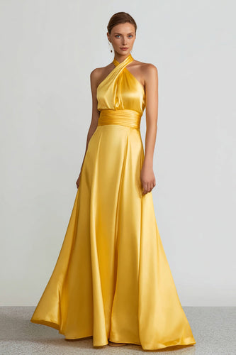 Yellow Halter A Line Satin Long Formal Dress