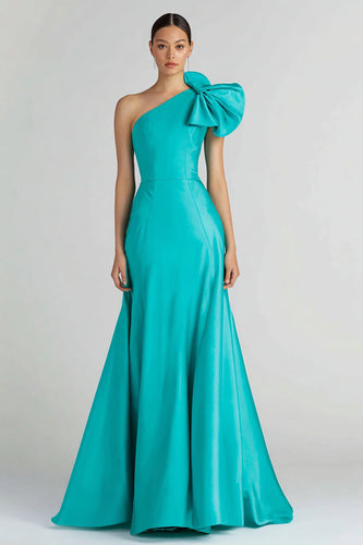 Jade Mermaid Satin One Shoulder Long Formal Dress with Bow