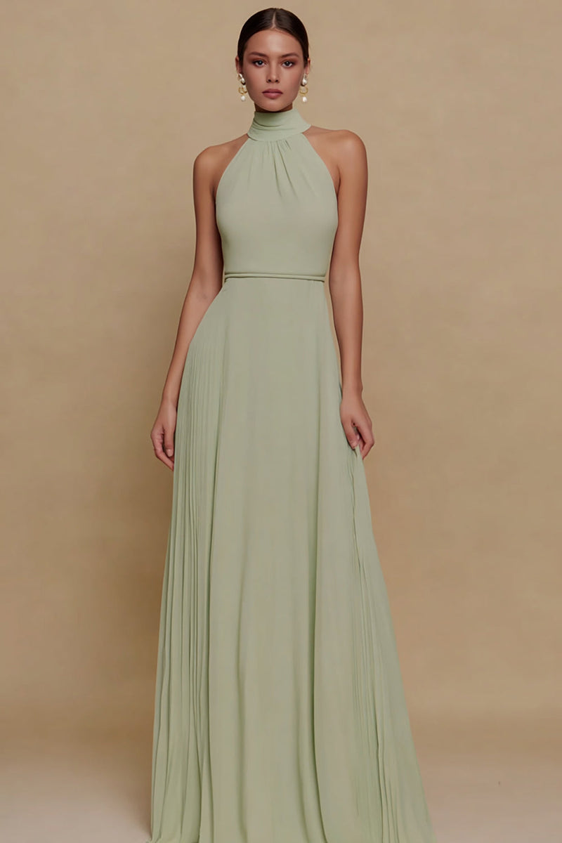 Load image into Gallery viewer, Dusty Sage High Neck Chiffon A Line Long Formal Dress