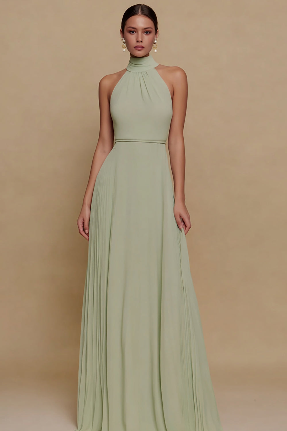 Dusty Sage High Neck Chiffon A Line Long Formal Dress