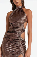 Load image into Gallery viewer, Sparkly Coffee High Neck Cut Out Maxi Formal Dress with Slit