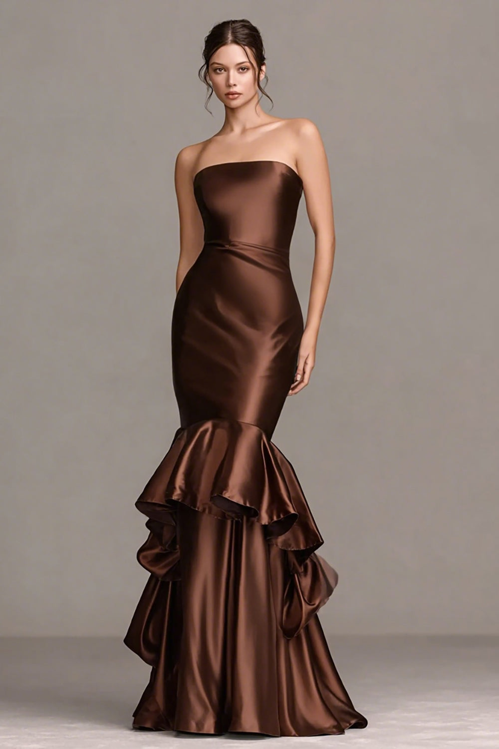 Coffee Strapless Ruffled Mermaid Satin Long Formal Dress