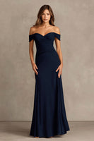 Load image into Gallery viewer, Navy Off the Shoulder Sheath Maxi Formal Dress