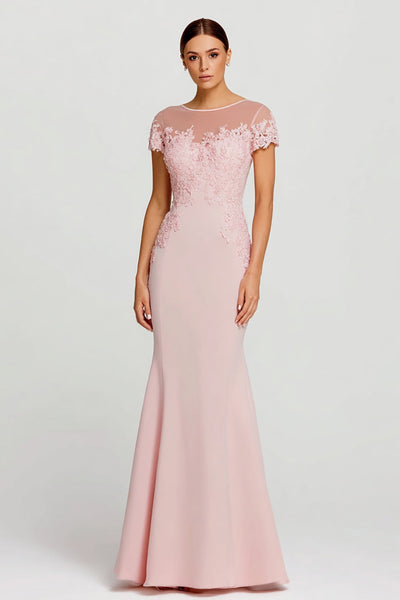 Pink Mermaid Boat Neck Maxi Formal Dress with Lace