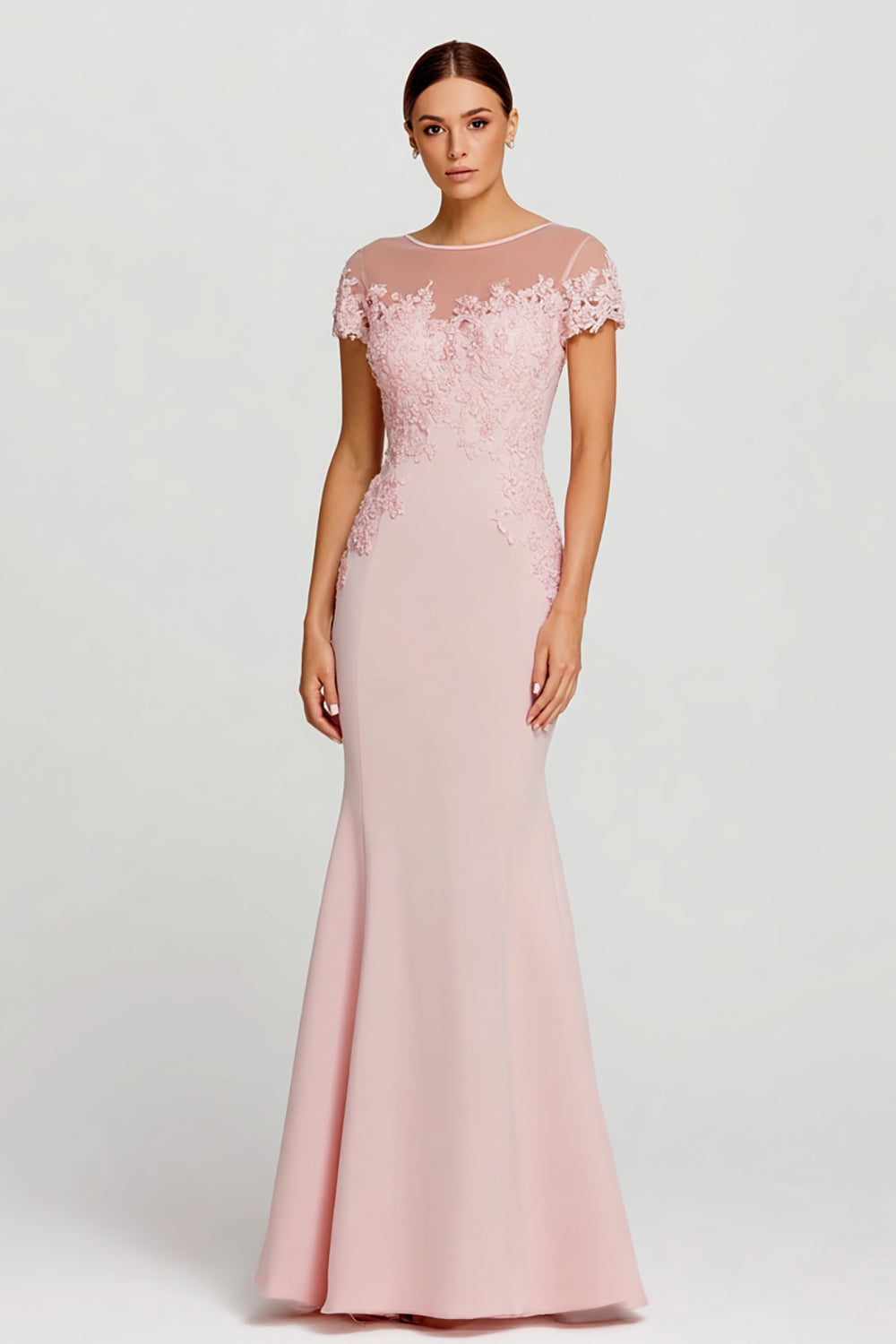 Pink Mermaid Boat Neck Maxi Formal Dress with Lace