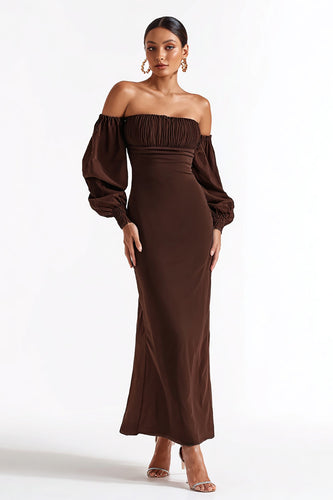 Coffee Satin Mermaid Strapless Long Formal Dress with Sleeves
