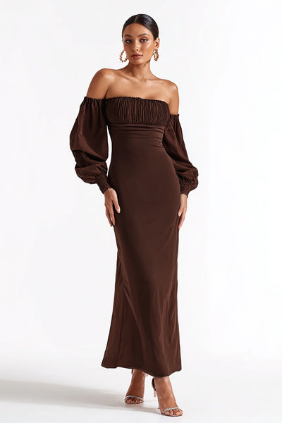 Coffee Satin Mermaid Strapless Long Formal Dress with Sleeves