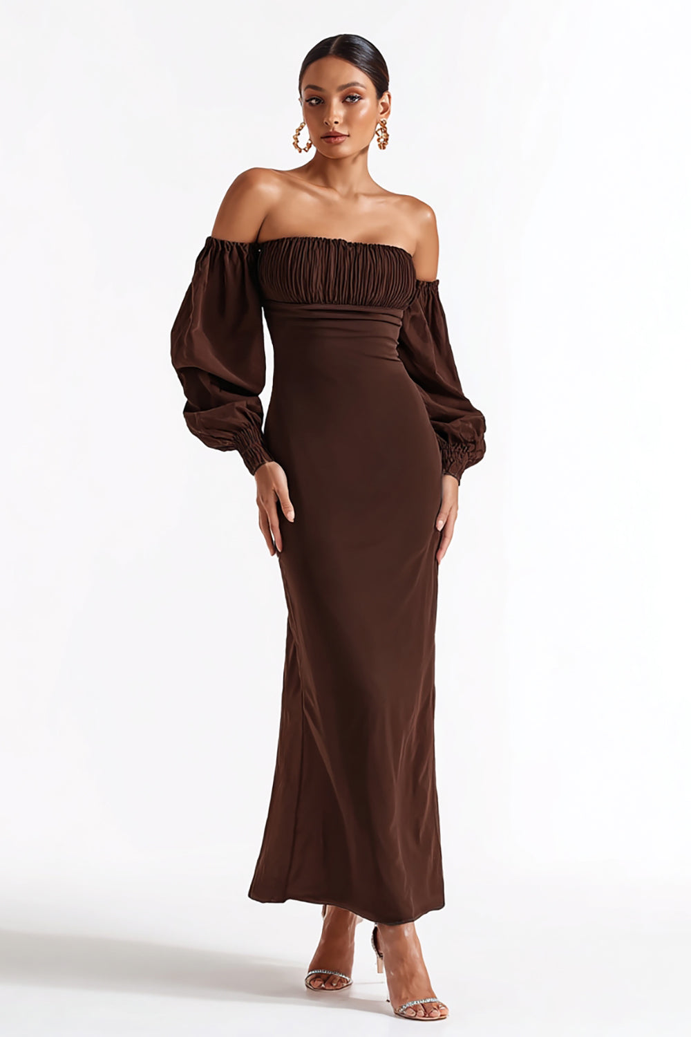 Coffee Satin Mermaid Strapless Long Formal Dress with Sleeves