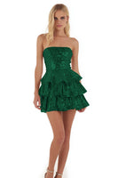 Load image into Gallery viewer, Sparkly Gold Strapless Tiered Short Sequin Cocktail Dress with Ruffles