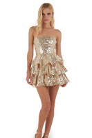 Load image into Gallery viewer, Sparkly Gold Strapless Tiered Short Sequin Cocktail Dress with Ruffles