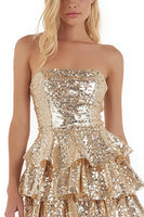 Load image into Gallery viewer, Sparkly Gold Strapless Tiered Short Sequin Cocktail Dress with Ruffles