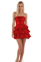 Load image into Gallery viewer, Sparkly Gold Strapless Tiered Short Sequin Cocktail Dress with Ruffles
