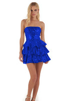 Load image into Gallery viewer, Sparkly Gold Strapless Tiered Short Sequin Cocktail Dress with Ruffles
