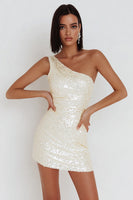 Load image into Gallery viewer, Sparkly Ivory Bodycon One Shoulder Short Sequin Cocktail Dress
