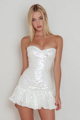 Sparkly White Sequin Sweetheart Mini Cocktail Dress