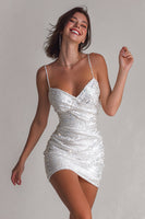 Load image into Gallery viewer, Sparkly White Ruched Sequin Bodycon Mini Cocktail Dress