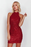 Load image into Gallery viewer, Sparkly Red High Neck Tight Short Sequin Cocktail Dress
