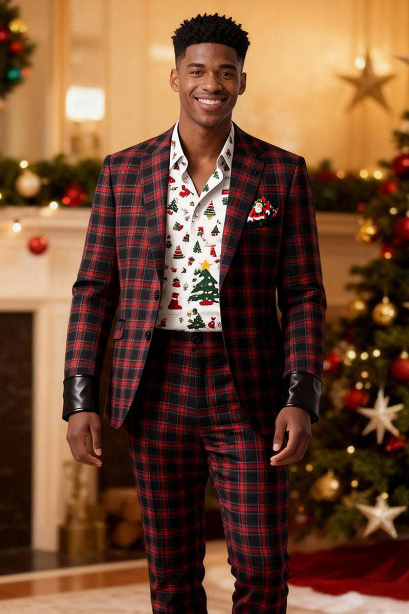 Load image into Gallery viewer, 2 Piece Red and Black Grid Notched Lapel Men Prom Suits