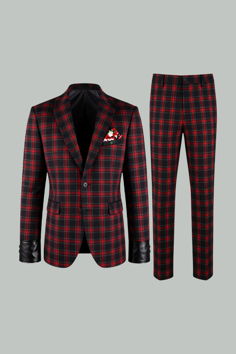 Load image into Gallery viewer, 2 Piece Red and Black Grid Notched Lapel Men Prom Suits