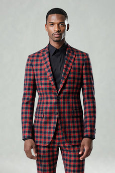2 Piece Black and Red Grid Notched Lapel Men Prom Suits