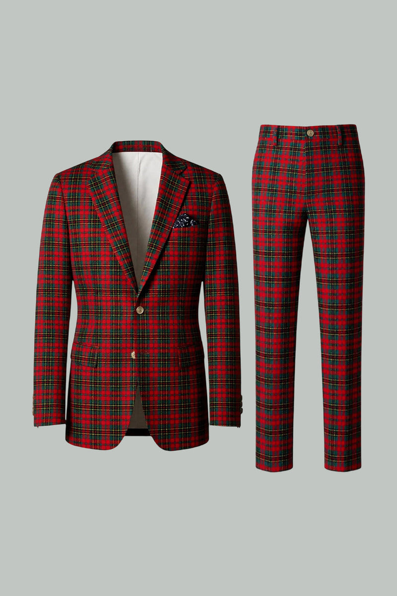 Load image into Gallery viewer, 2 Piece Black and Red Grid Notched Lapel Men Prom Suits