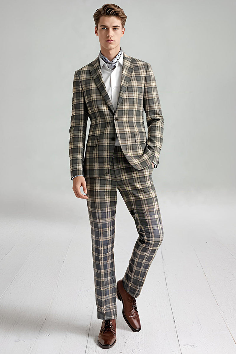 Load image into Gallery viewer, 2 Piece Brown and Grey Grid Notched Lapel Men Prom Suits