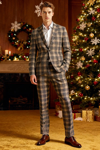 2 Piece Brown and Grey Grid Notched Lapel Men Prom Suits